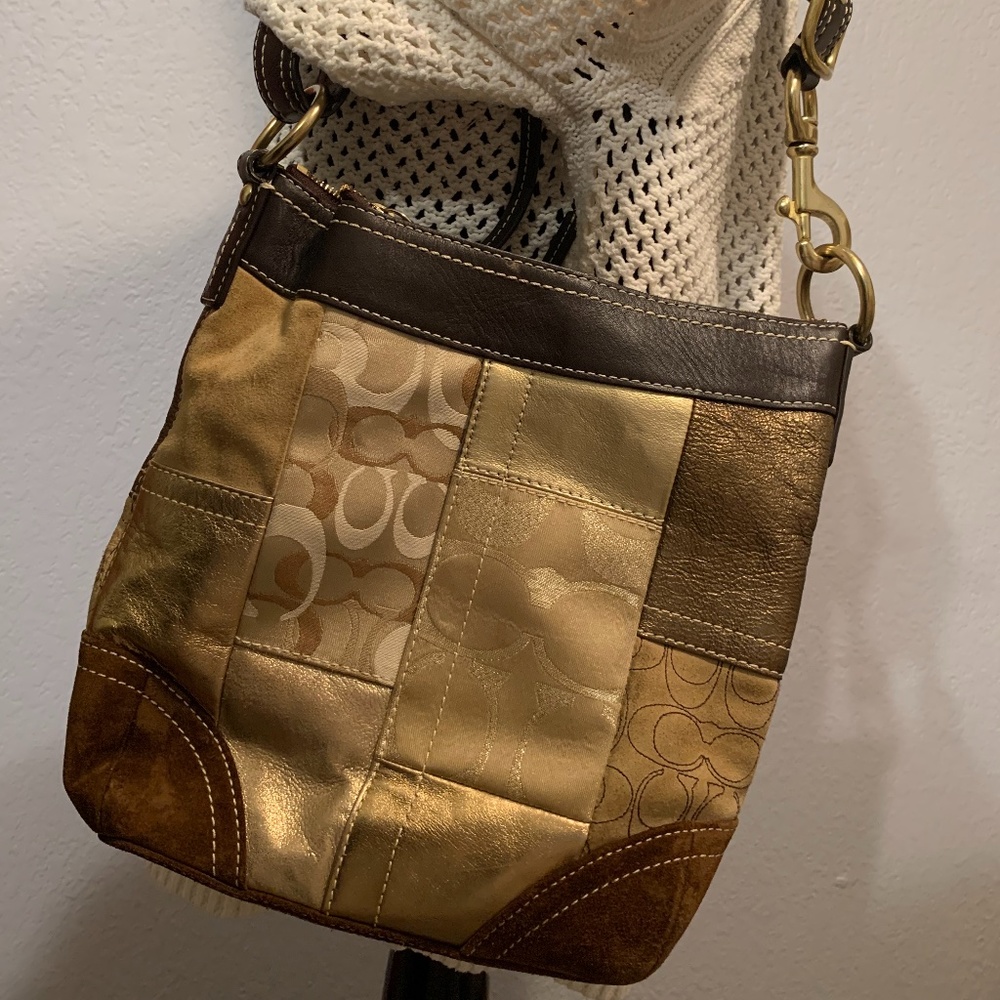 Coach Brown and Gold Patchwork Satchel Shoulder Purse
